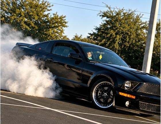 Black Mustang performing a burnout in a parking lot, thick tire smoke billowing from rear wheels